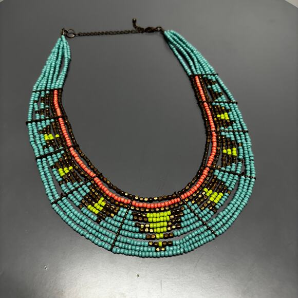 Boho Seed Bead Bib Necklace Multicolor Tribal Adjustable Statement Collar - Picture 10 of 12